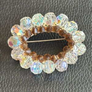Vintage Facetted AB Crystal Brooch w Amber Crystal Accents